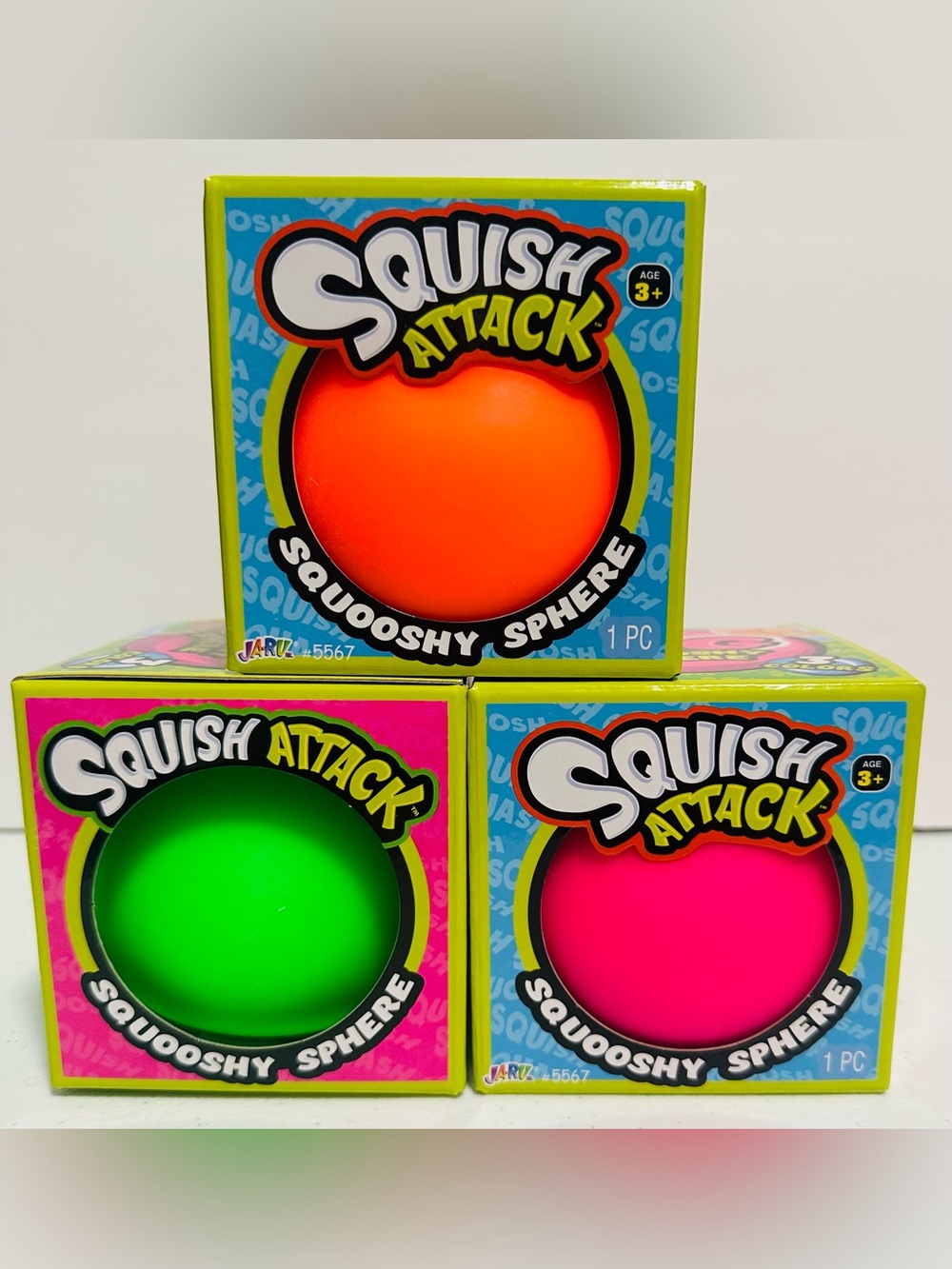 Squish Attack Kids Squishy Set of 3 - Neon Orange, Green, Pink